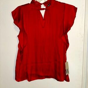 Worthington Red Blouse with Mandarin Collar and Cap Sleeves